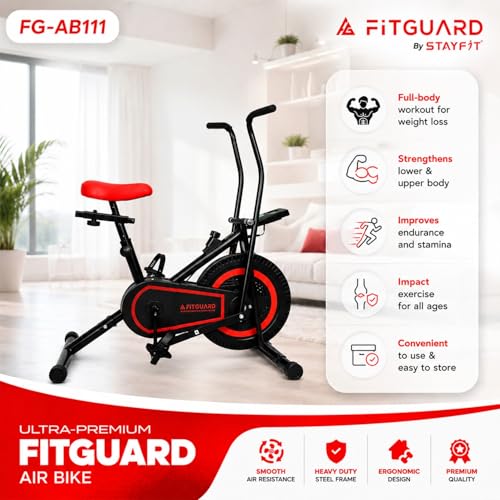 Image of FITGUARD FG-AB 111 By STAYFIT Dual Action Air Bike /Exercise Bike for Home |Gym Cycle for Workout With Adjustable Cushioned Seat | Non-Slip Pedals | Moving Handles Black Gym Bike, Max user weight 120 KG (Red, Black)