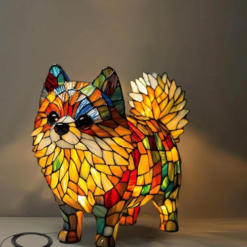 Tisch-Nachtlicht mit niedlichem Hund, Vintage-Buntglas-Schirm, gebeiztes Harz, Welpenlampe mit USB, 3D-LED-Tischlampen für Schlafzimmer, Kinderzimmer, Schreibtisch, Geschenk für Hundeliebhaber und
