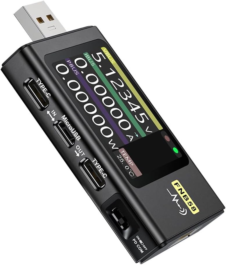 USB Voltage and Current Meter FNB58 Tester with 2.0-Inch LCD Display for Type-C Fast Charging Detection, Digital Power Measuring Tool, High Current Ammeter, Ripple Measurement,(Black)