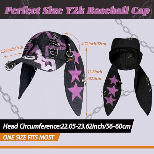 Image of Y2k Hat Punk Hats Denim Bunny Hat Chains Distressed Baseball Cap Kpop Outfits Y2k Grunge Hats for Women