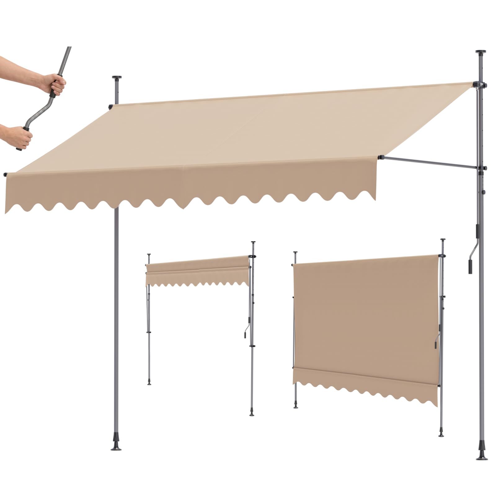 LIFERUN 300x120cm Telescopic Awning, Retractable Clamp-On Balcony Awning with Hand Crank, No-Drill UV Protection Waterproof Sun Shade Canopy for Patio, Garden & Terrace, Khaki