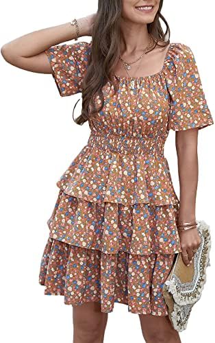 PRETTYGARDEN Women's 2026 Floral Summer Short Dress Square Neck Short Sleeve Tiered Ruffle Boho Swing Dresses
