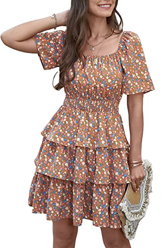 Image of PRETTYGARDEN Women's Summer Floral Ruffle Short Dress | Short Sleeve Square Neck, Flowy Tiered Hem, Fit and Flare, Flower Boho Dresses, Cute Beach Vacation Outfits, Fashion Clothing