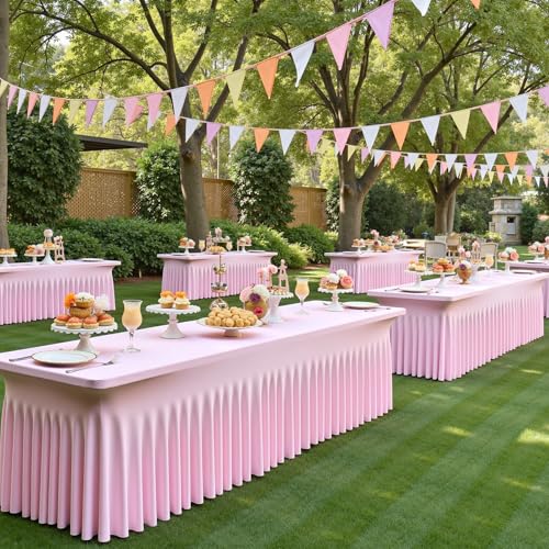 Image of 6 pk Baby Pink Spandex Tablecloth 8ft With Ruffled Table Skirt, Wrinkle Free Stretchy Fitted Tablecloths for 8 Foot Rectangle Tables, Elastic Spandex Table Covers for Weddings Parties Banquet