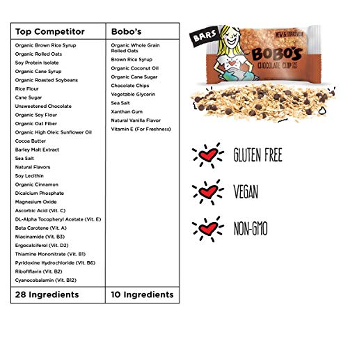 Bobo's Oatmeal Bars, Chocolate Chip, Gluten Free Vegan Whole Grain Oat Bars, Pack of 12