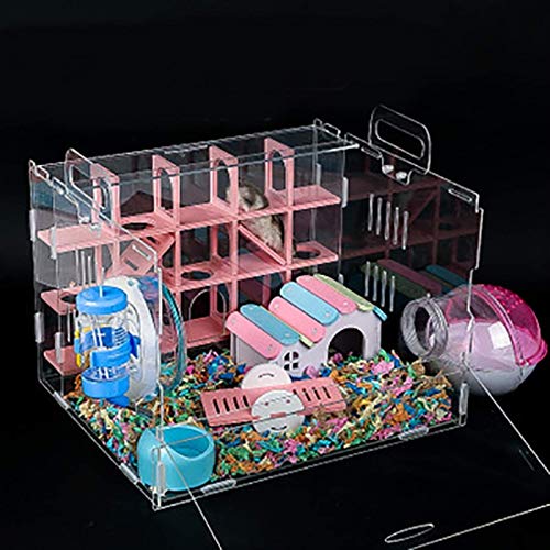 Nynelly Cage pour Hamsters,Souris Mini Duna Hamster Cage,Cage Transparent Acrylique,Hamster Carton Labyrinthe, Accessoires Inclus,Villa,Seesaw,Salle de Bain Externe Hamster,33*29*29cm,Rose