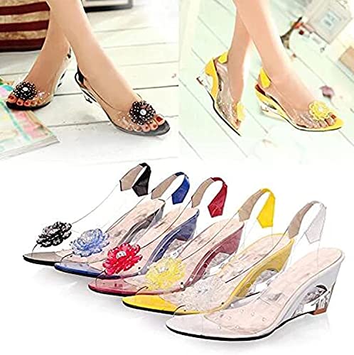 Tophacker Women's Clear Sandals See-Through Rhinestone Wedge Heel Sandals Studded Flower Design Transparent Sandals Lady's Casual Shoes Open Peep Toe Bohemia Dress Shoes4