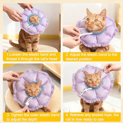 Einstellbarer Halskrause Katze Weich, Elizabethan Kragen für Katzen, Verstellbarer Tiefe, Kopfumfang 17-27 cm, Verhindert Lecken und Kratzen, Operation und Verletzungen für Haustier—Lila, M
