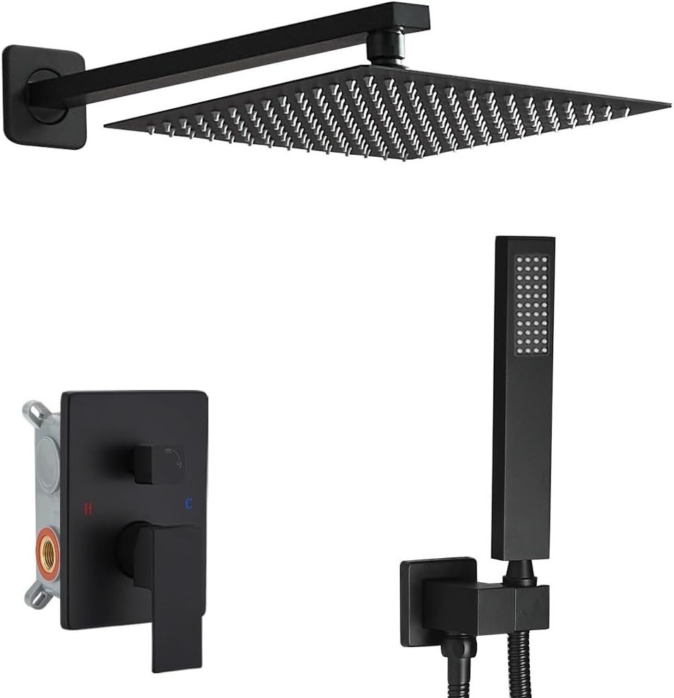 Heable Matte Black Shower System 12 Inches Bathroom Luxury Rain Shower Head with Handheld Combo Set Wall Mounted High Pressure Rainfall Shower Head System Shower Faucet Set with Valve and Trim