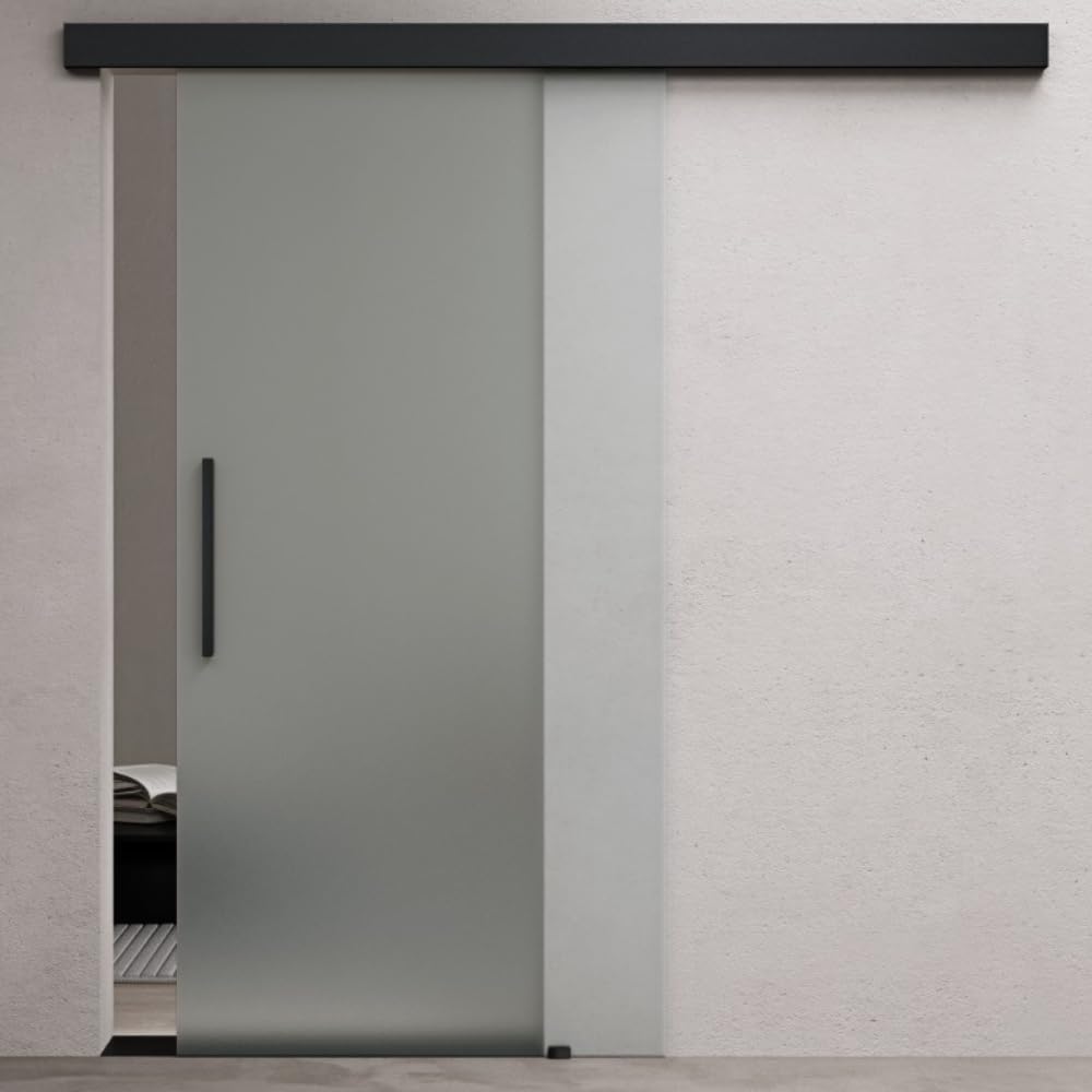 Durovin 900 * 2050mm Internal Sliding Glass Door - Fully Frosted - Black Bar Handle & Rail - with Soft Close & Track 5ft for Bathrooms Kitchens Living Room Bedroom
