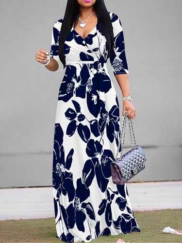 Image of Women's V Neck Floral Maxi Dress 3 /4 Sleeve Plus Size Boho Wrap Flowy Long Dresses with Belt