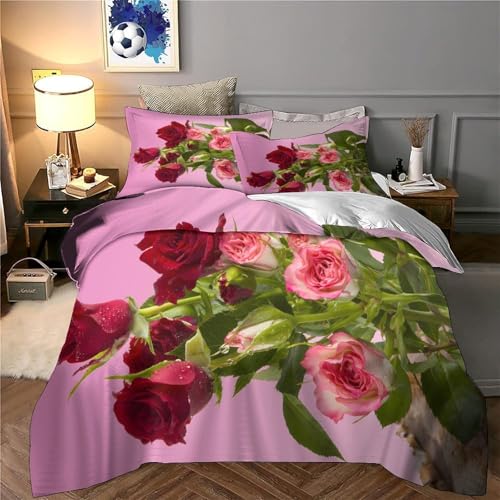 Parure de lit roses rouges 140x200 avec housse de couette en microfibre et taies d'oreiller pour ado