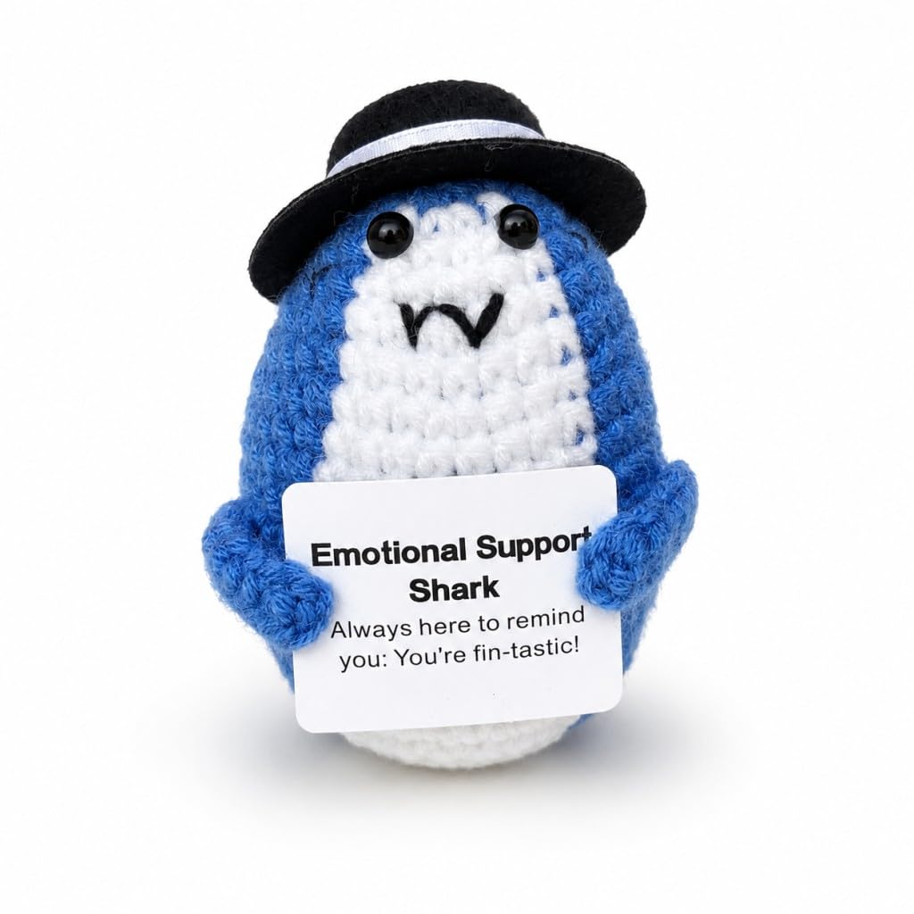 Swjing Shark-Blue Crochet Shark Keepsake With Positive Message Card, Handmade Knitted Shark Ornament, Inspirational Desk Decor Gift For Friends And Coworkers, Small Decorative Accent