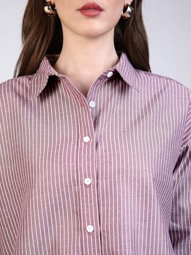 Image of Urbano Fashion Women's Cotton Full Sleeve Oversized Fit Casual Striped Shirt with Spread Collar