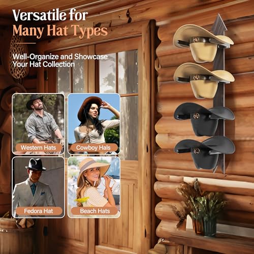 Cowboy Hat Rack for Wall, Cowboy Hat Holder Wall Mount Holds up to 4 Hats, Wooden Western Rustic Metal Hat Hanger with Arrow Sign Board, Hat Organizer for Western Hat, Fedora, Sun Hats (2 pack) - image 4
