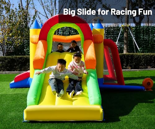 Hongcoral 8 in 1 Bounce House for Kids with Long & Wide Slide, Large Climbing Wall and Ball Pit (Water Pool) - Backyard Inflatable Playground - Extra Small Slide, Tunnel Adventure and Soccer Goal
