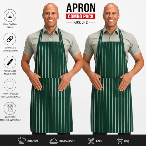 Image of 100% Cotton Cooking kitchen Apron for Women and Men chef apron With adjustable neckstrap and ties with center pocket with strong and durable cotton apron