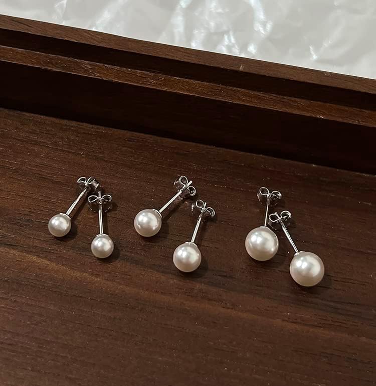 Miniatura 2 de Aretes pequeños de perlas de plata de ley redondos de 0.118in AAAA blanco perlas de agua dulce, Perla, nácar