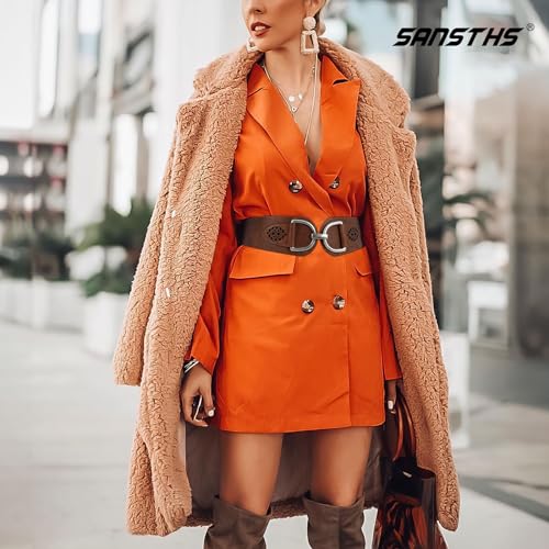 SANSTHS Vintage Women Stretchy Wide Belt Chunky Buckle Elastic Wide Waist Belts for Dresses Coats