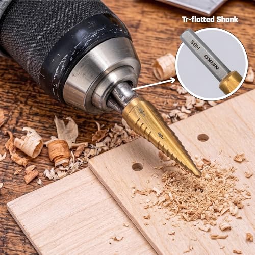 Image of NEIKO 10626A Step Drill Bit, 2 Steps 7 /8 inch to 1-1 /8 inch Straight High Speed Steel, Titanium Nitride Coated, 3 /8 inch Tri-Flat Step Bits for Steel, Metal, Wood, Plastic, Unibit Cone Drill Bits, Two Flute