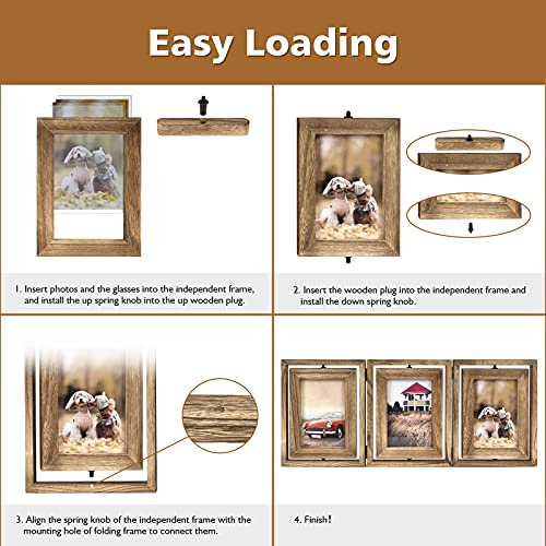 Emfogo 4X6 Picture Frame Rustic Wood Hinged Folding Triple Picture Frames Collage, Double-Sided Display Rotatable High Definition Glass Photo Frame For Home Tabletop(Carbonized Black) #TOP5