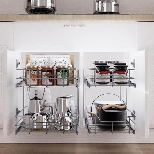 Image of 2 Tier Pull Out Cabinet Organizer 11 inch W X 17 inch D, Chromed, Full Slide Out