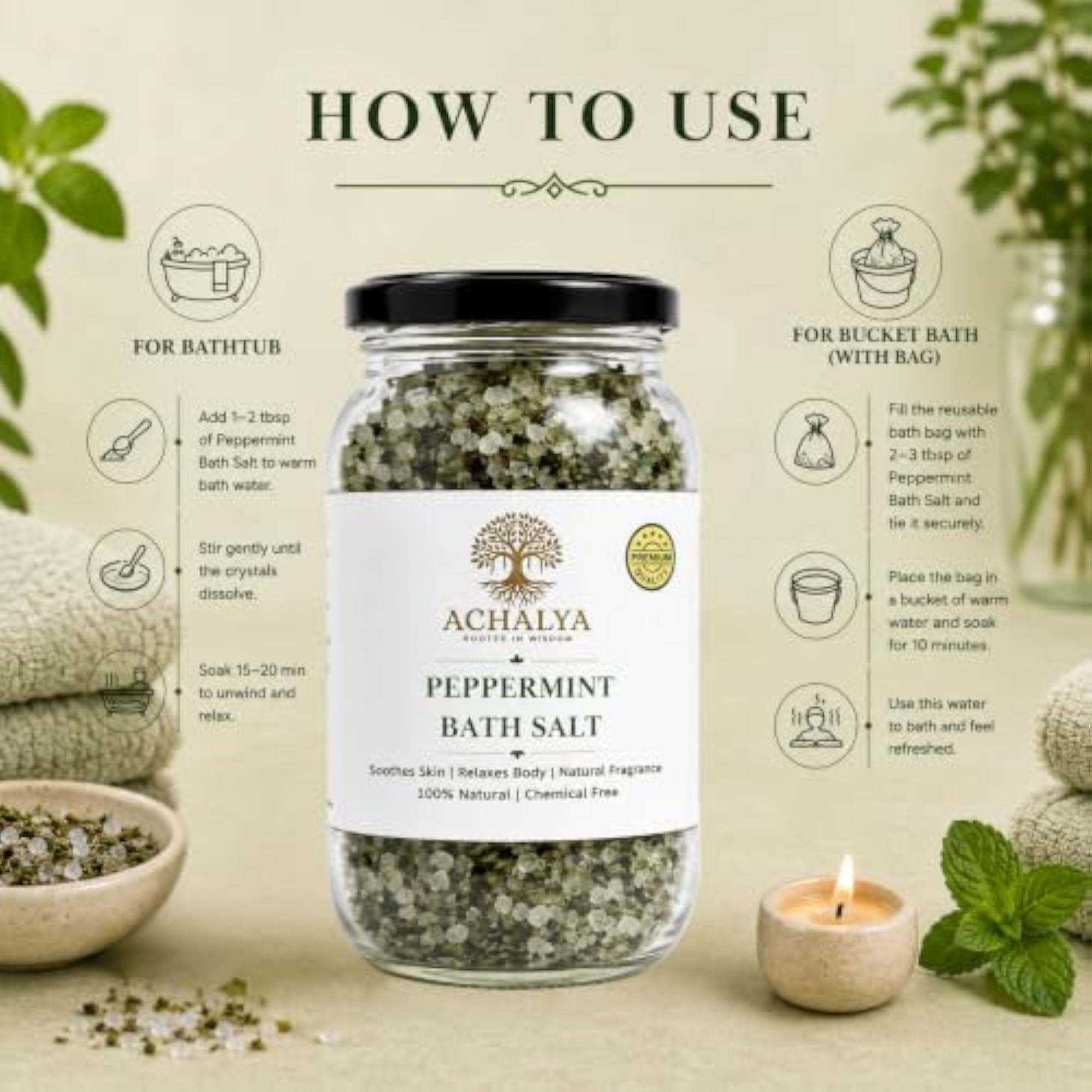 Peppermint Bath Salt with Pure Peppermint Oil, 300g