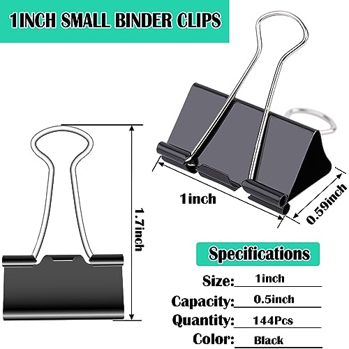 144 Pcs Binder Clips, 1-Inch Medium Paper Clamps for Document Clamp, File, Wide Metallic, Office School and Home Supplies(Black)