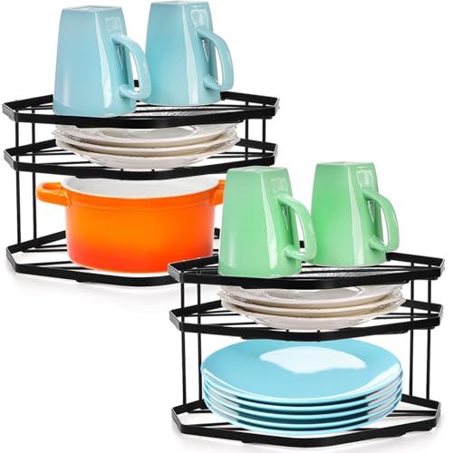 SOUJOY 2 Pack 3-Tier Kitchen Corner Shelf, Metal Wire Counter Plate Organizer Rack, Pantry Cabinet Organizer Storage Rack for Bowls, Plates, Dishes, Cups, Pot, Bathroom, Kitchen
