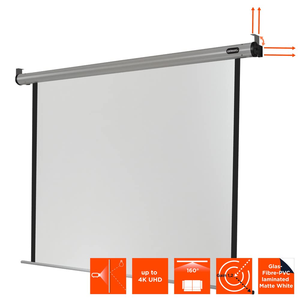 celexon HomeCinema Motor-Leinwand 100" | 220x124 cm 16:9 | elektrische 4K, Full-HD Beamerleinwand für Heimkino-Projektionen & Büro-Präsentationen | geeigent zur Decken- & Wand-Montage