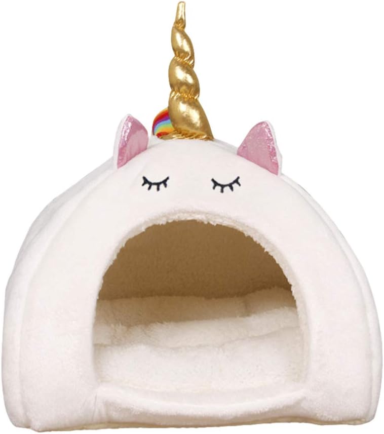 balacoo Hamster Warm Bed House Soft Cushion Couch Hut Guinea Pig Unicorn Design Hammock Hideout for Rabbit Chinchilla Squirrel Hedgehog (White, Size)