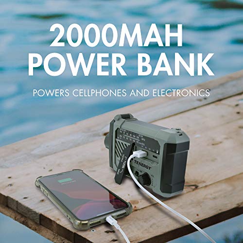 Rádio meteorológico multifuncional com manivela Tenergy com lanternas LED, alarme SOS, carregador de
