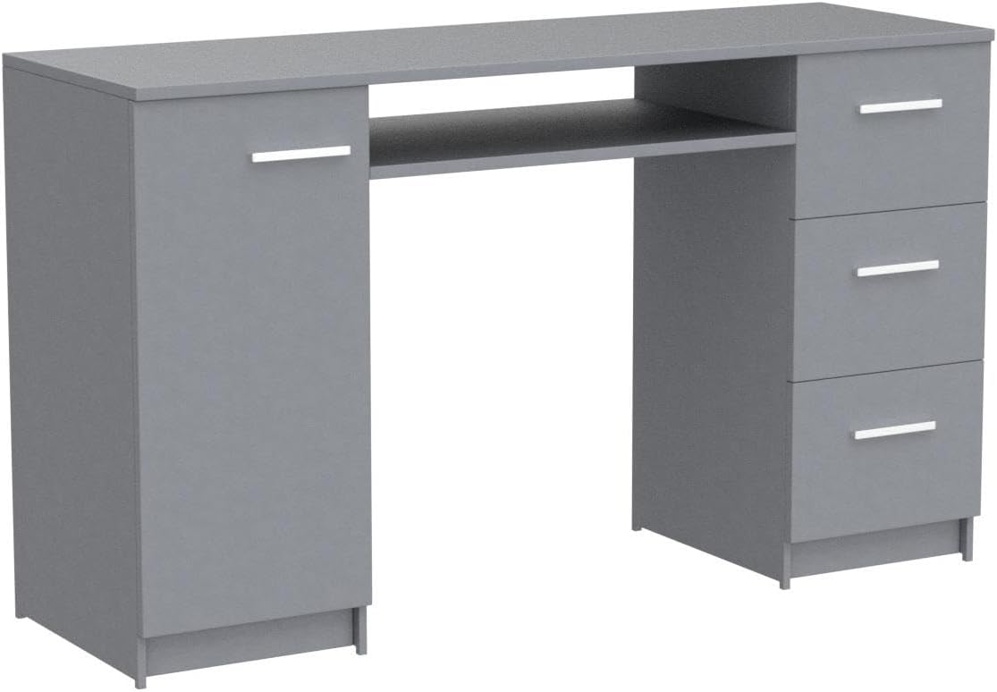 Gray Wood Gaming Desk with Drawer and Shelf