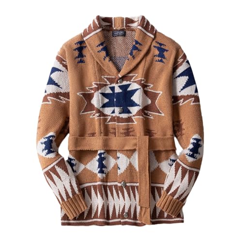 Men's Jacquard Sweater Cardigans Lapel Button Down Knitted Sweater Western Ethnic Sweater with Belt