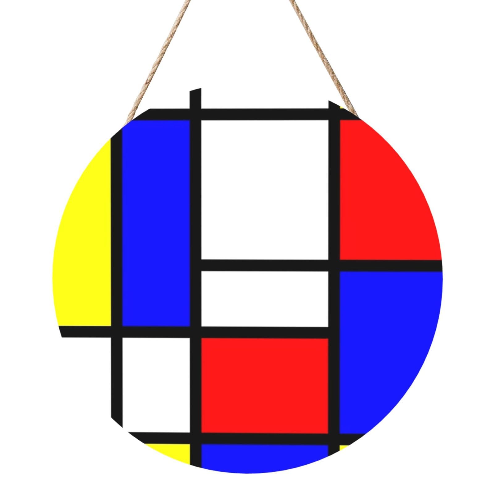 Mondrian, Round Wood Panel Painting 12 in, Wall Hanging Painting For Home