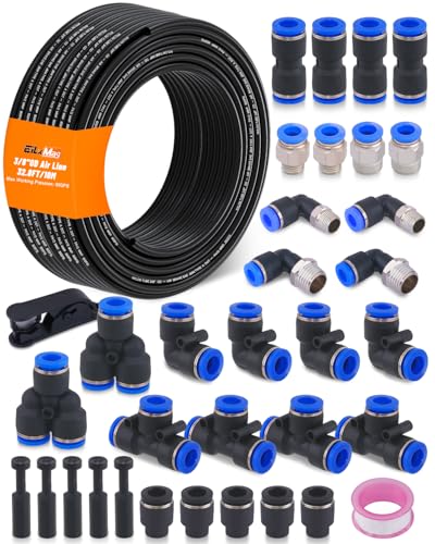 EilxMag 3/8 Air Line Tubing Kit 32.8FT(10M) SAE J844 PA Nylon Air Hose Tubing with Cutter and Teflon Tape 3/8 Air Hose with Push to Connect Fittings for Air Brake System Or Fluid Transfer(35PCS)