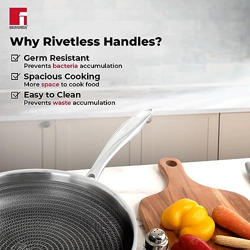 Image of Bergner Hi-Tech TriPly Stainless Steel 20cm Frypan with Glass Lid, Honeycomb Non-Stick Coating, Non-Toxic, Healthy Cooking, Less Oil Use, Durable Handle with Excellent Grip - Induction and Gas Ready