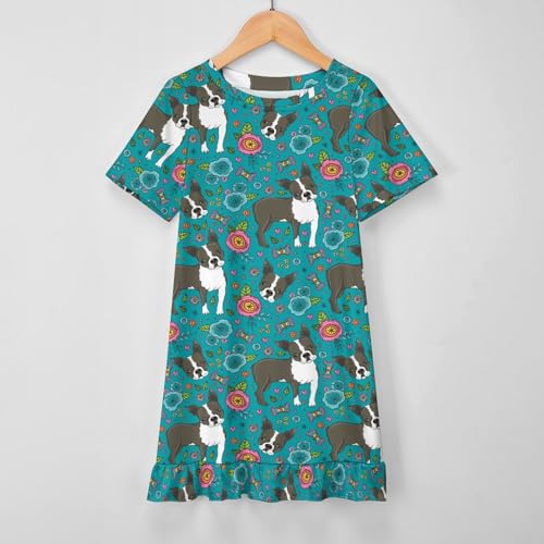 Boston Terrier French Bulldog Girls' Short Sleeve Summer Dress Kids Crewneck Loose Casual Dresses 160CM3