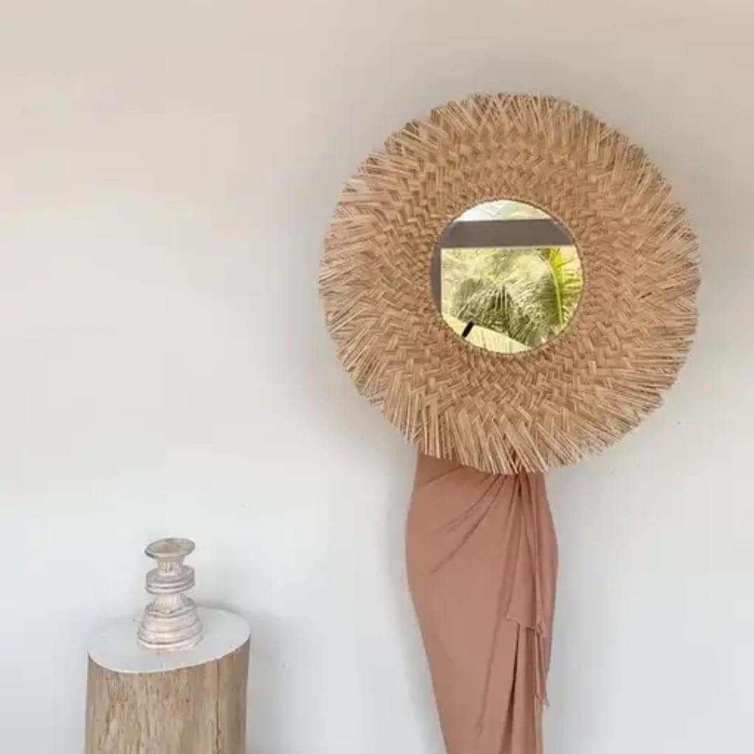 ÓHILORound Hanging Wall Mirror, Woven Rattan Boho Circle Mirrors for Wall Decor, Wall Mounted Mirror for Bedroom, Living Room, Bedroom, Bathroom (Natural)
