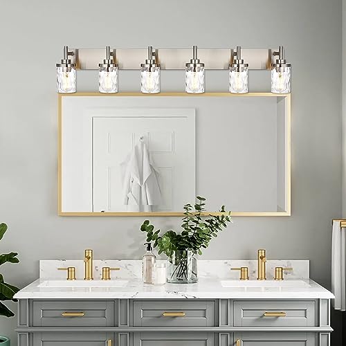 Image of Bathroom Vanity Lighting Fixtures 6 Lights,Brushed Nickel Bathroom Vanity Lights with Clear Hammered Shade Wall Sconce Lighting Modern Farmhouse Bath Lighting