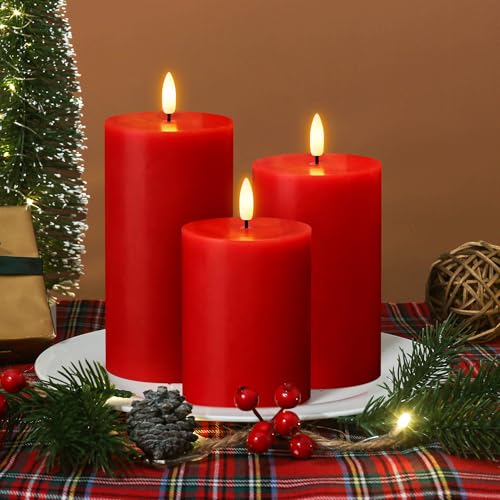 JOIONE Christmas Red Flameless Pillar Candles with Remote Set of 3, Battery Operated Real Wax LED Candle, Perfect for Xmas Window, Romantic Dinner & Holiday Christmas Decor