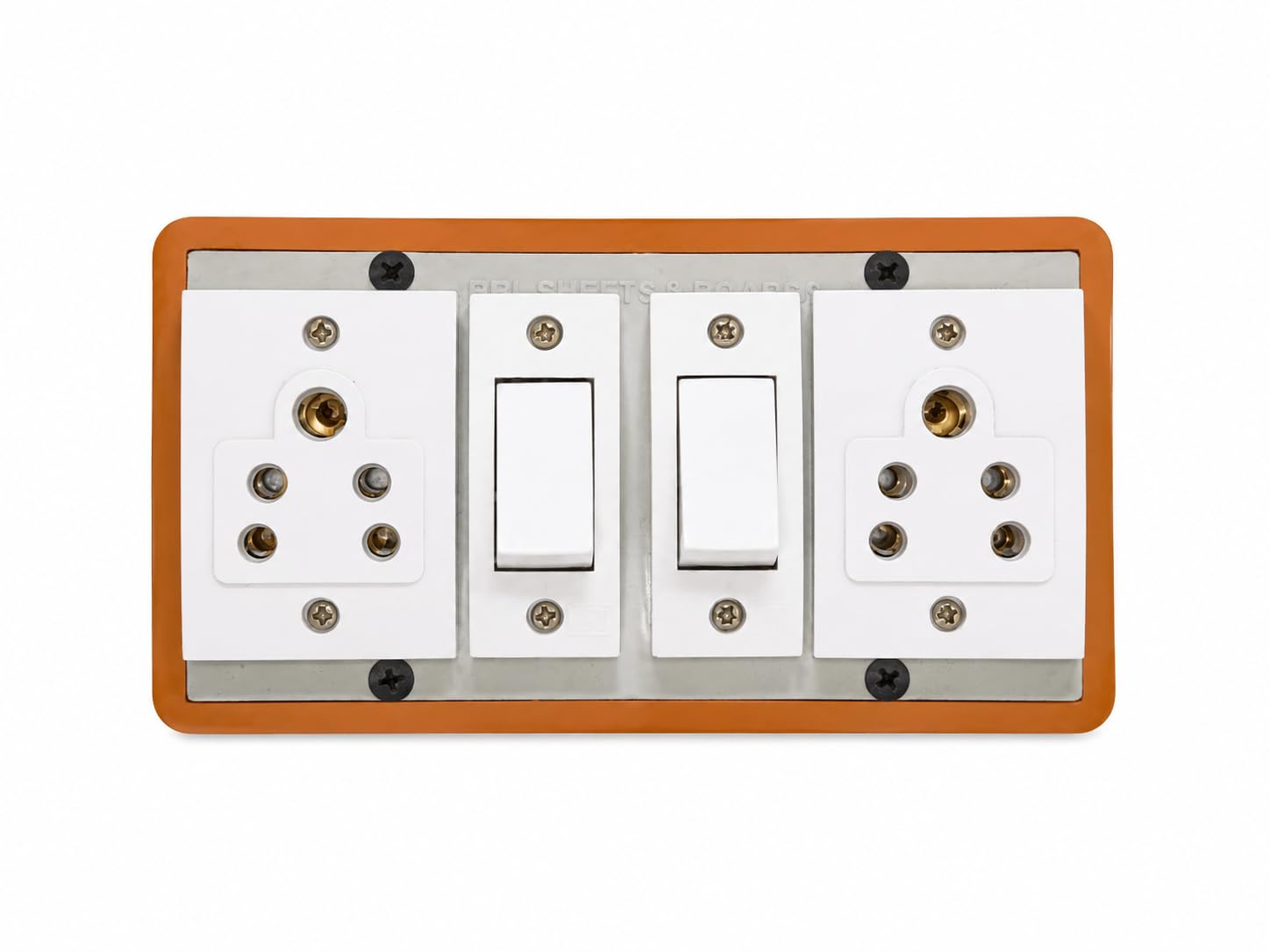 electrical switch board with 2 sockets and 2 switches, orange | 5-pin sockets, modular design, metal base plate, wall mount, white finish