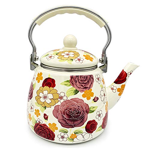 Floral Ceramic Enamel Teapot Tea Kettle For Stovetop,Large Porcelain Enameled Teakettle (White) (3.5L, White3) #TOP3