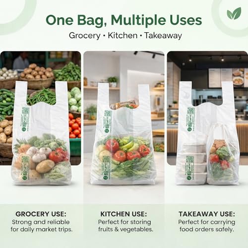 Image of ECOZ Compostable & Biodegradable Carry Bags | 13x16 Inch | Pack of 50 | Eco-Friendly Plastic-Free Shopping Bag for Grocery, Food, Retail & Vegetables | Load 3kg Capacity | for Supermarket
