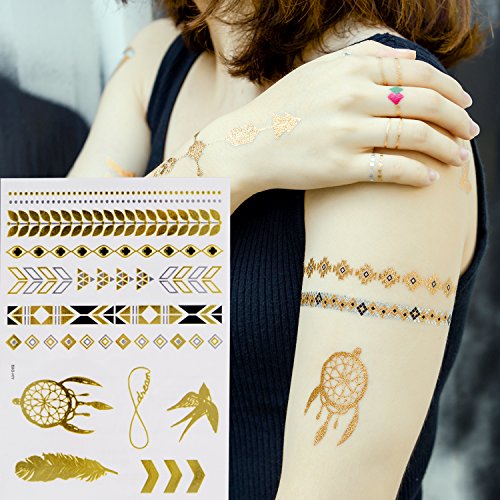 Temporary Tattoos, Metallic Gold Body Glitter Henna Tattoo Temporary Tattoo for Women Adult Kids Festival Accessories Costume