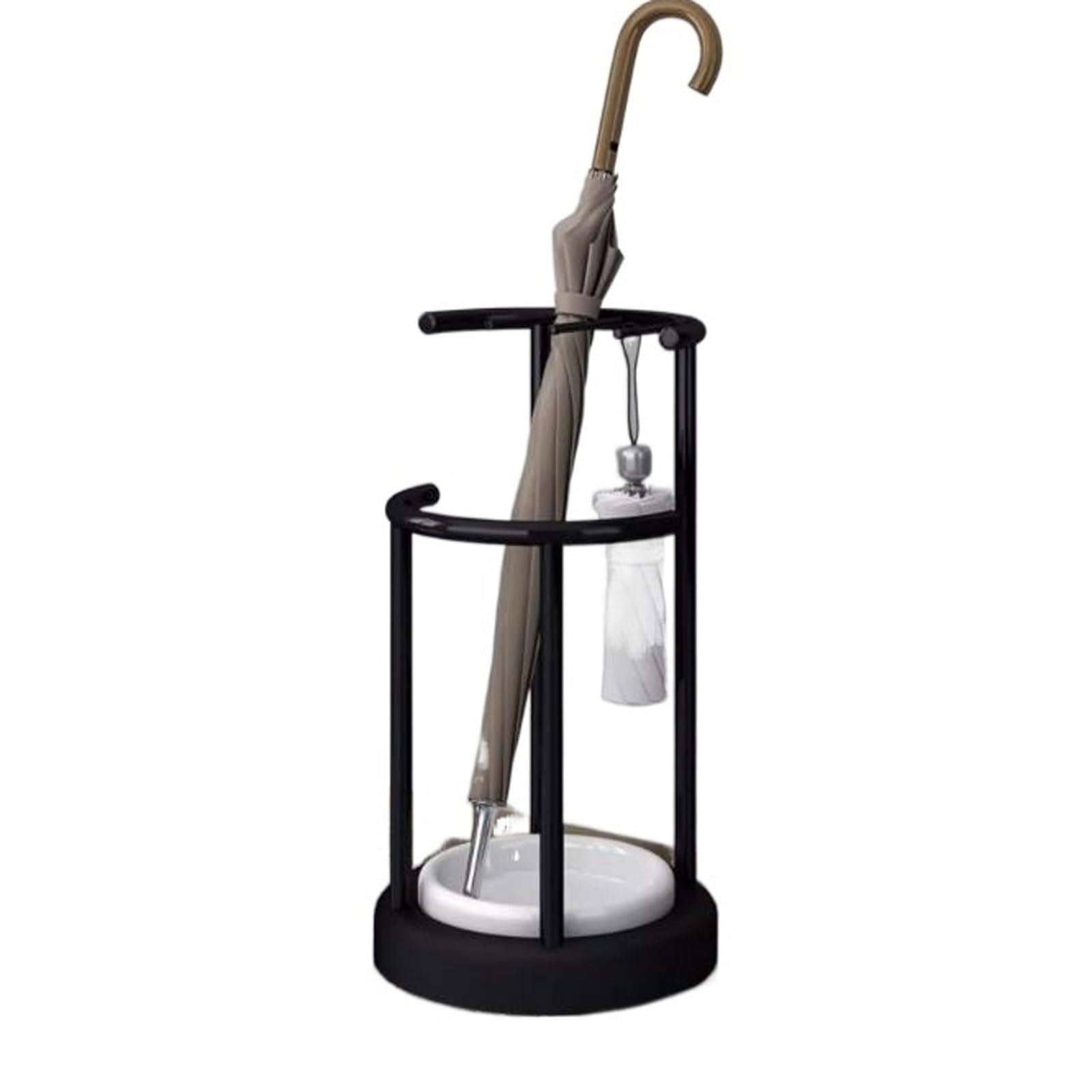 FCXWEVR Metal Umbrella Stand with Detachable Drip Tray 3 Hooks and Shelves Black Hallway Umbrella Holder and Storage Rack Entryway Umbrella Stand