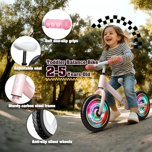 Bicicleta sin pedales para niños de 2 a 5 años ajustable rosa con luces 4