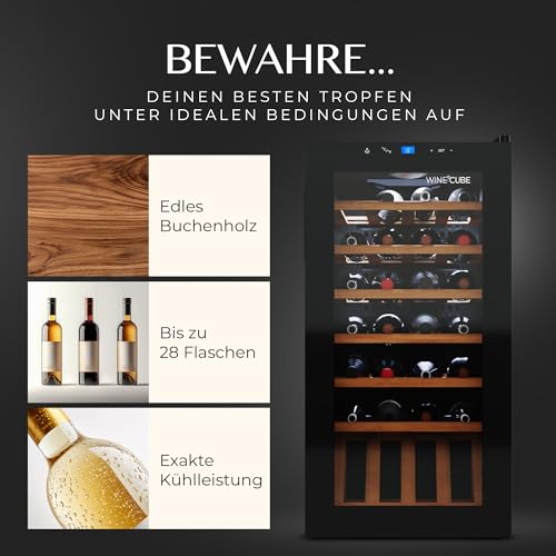 Weinkühlschrank 28 Flaschen (90L) mit eleganter Glastür & hochwertigen Regalen aus Buchenholz | 5-18°C, vibrationsarm & leise (40dB) | Weinschrank mit LED Display - Tolles Geschenk – Bild 4