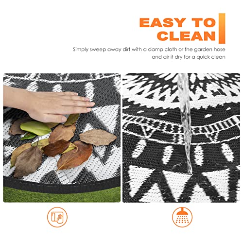 Image of NUU GARDEN Round Outdoor Rug for Patios Plaid Reversible Patio Rug, Plastic Straw Indoor and Outdoor Round Rug for Outdoors, RV, Backyard, Deck, Picnic, Beach, Trailer, Camping, 5 x 5 ft
