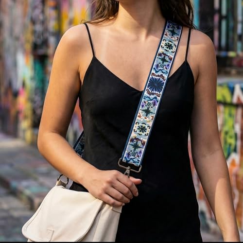 Image of Replacement Purse Strap Shoulder Strap Adjustable Crossbody Strap for Women Crossbody Wide Shoulder Bag, Blue Flowers-black Hardware, 26 inch~51 inch